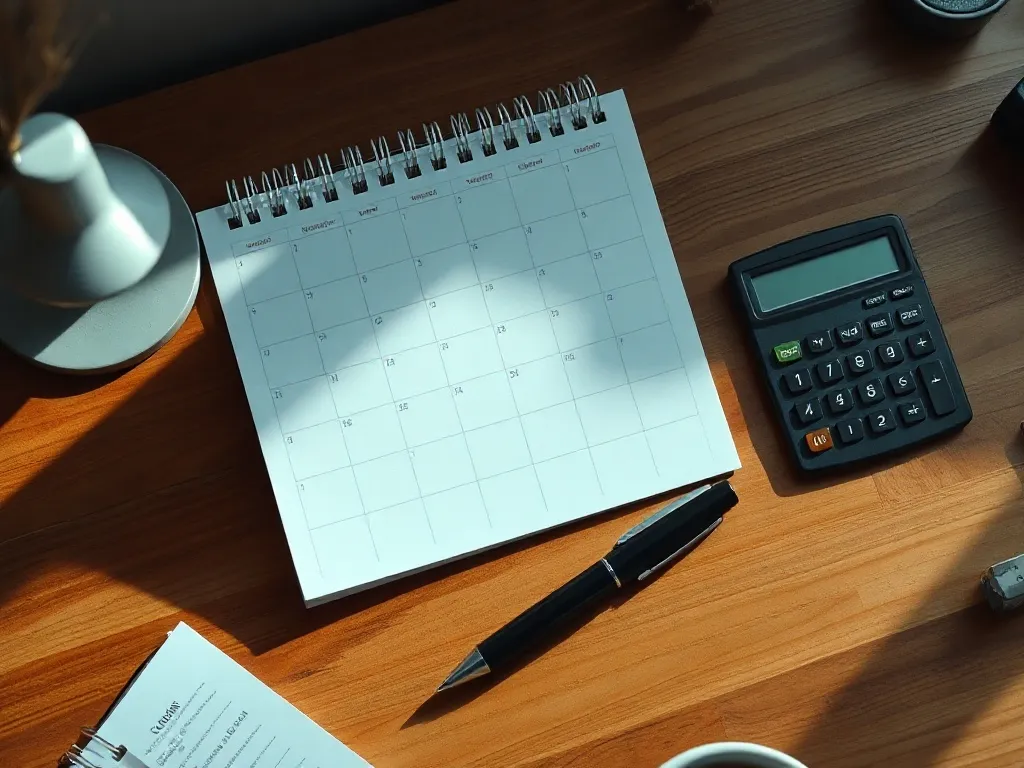 A high-angle professional photograph of a clean wooden desk