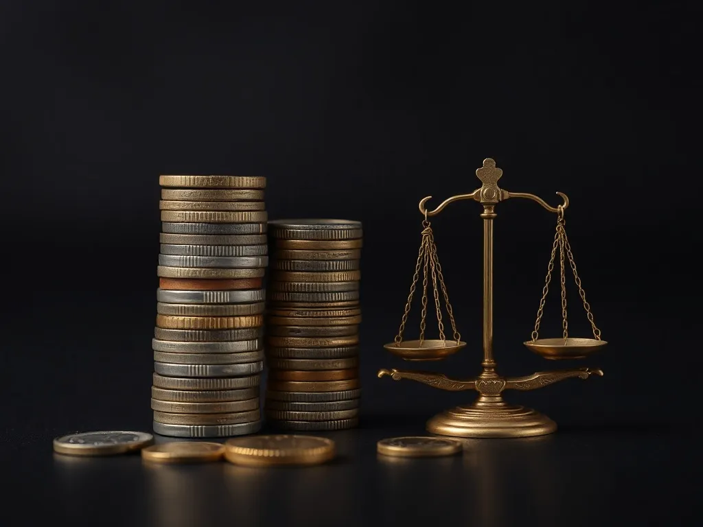 Stack of coins and a small scale, conceptual financial stabi