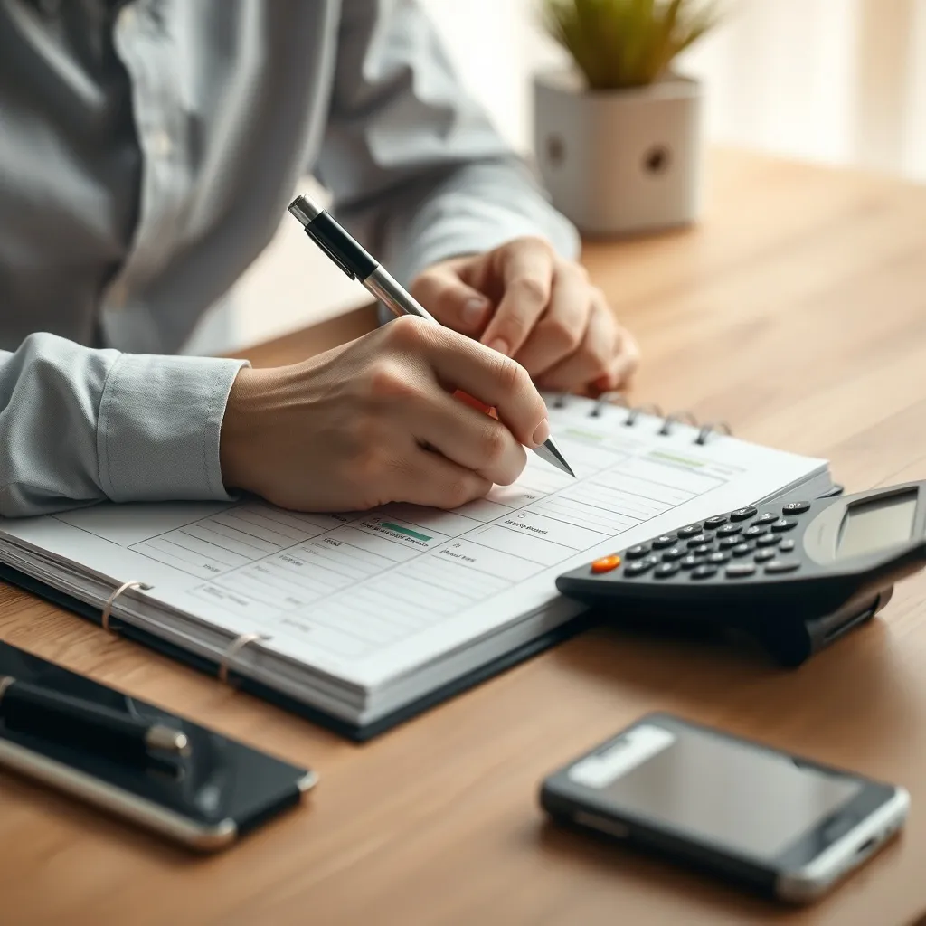 Close up of a person writing in a financial planner with a c